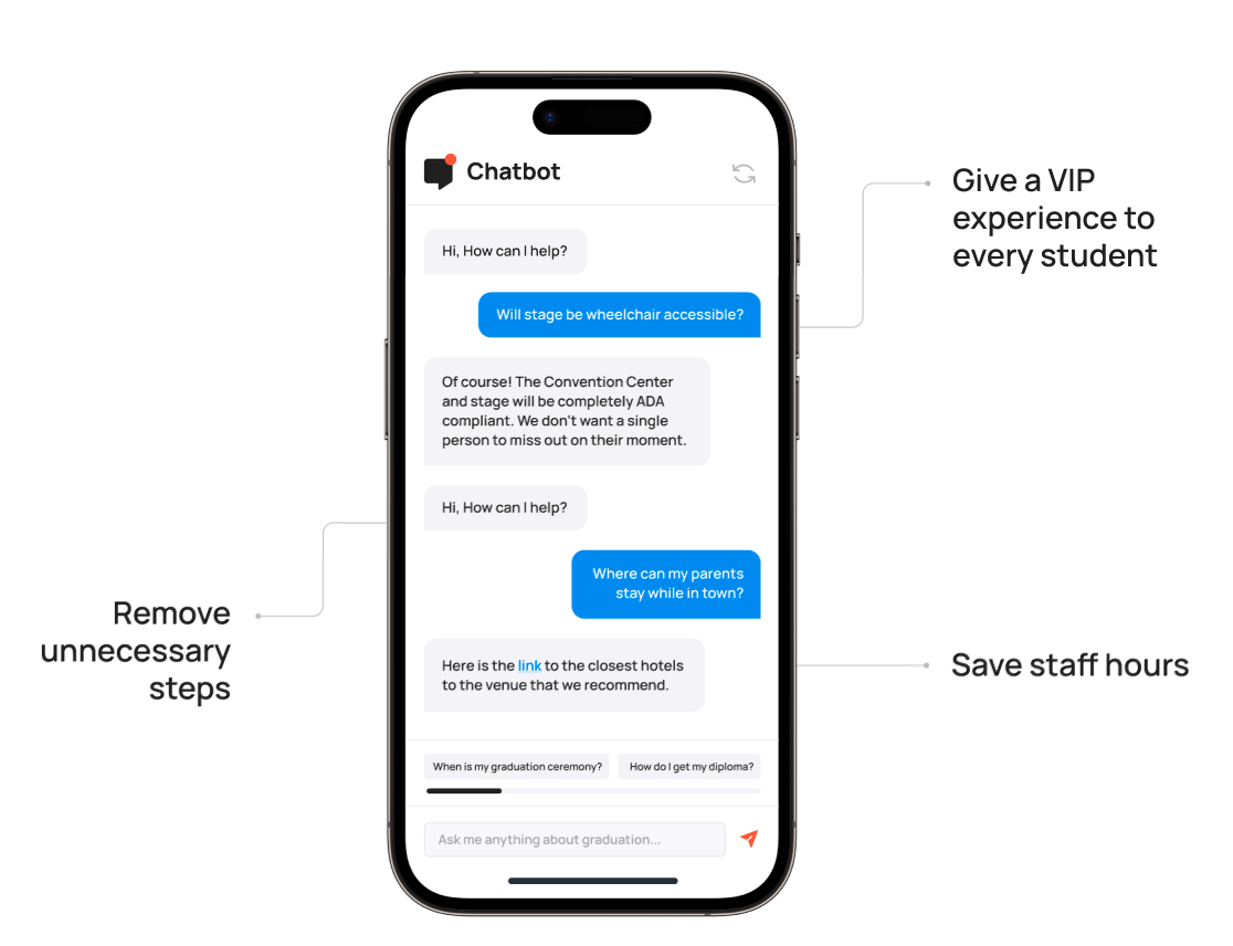 Mobile chat showing conversation between student and graduation chatbot